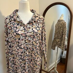 Lularoe size large long sleeve collared button down shirt navy floral print knit